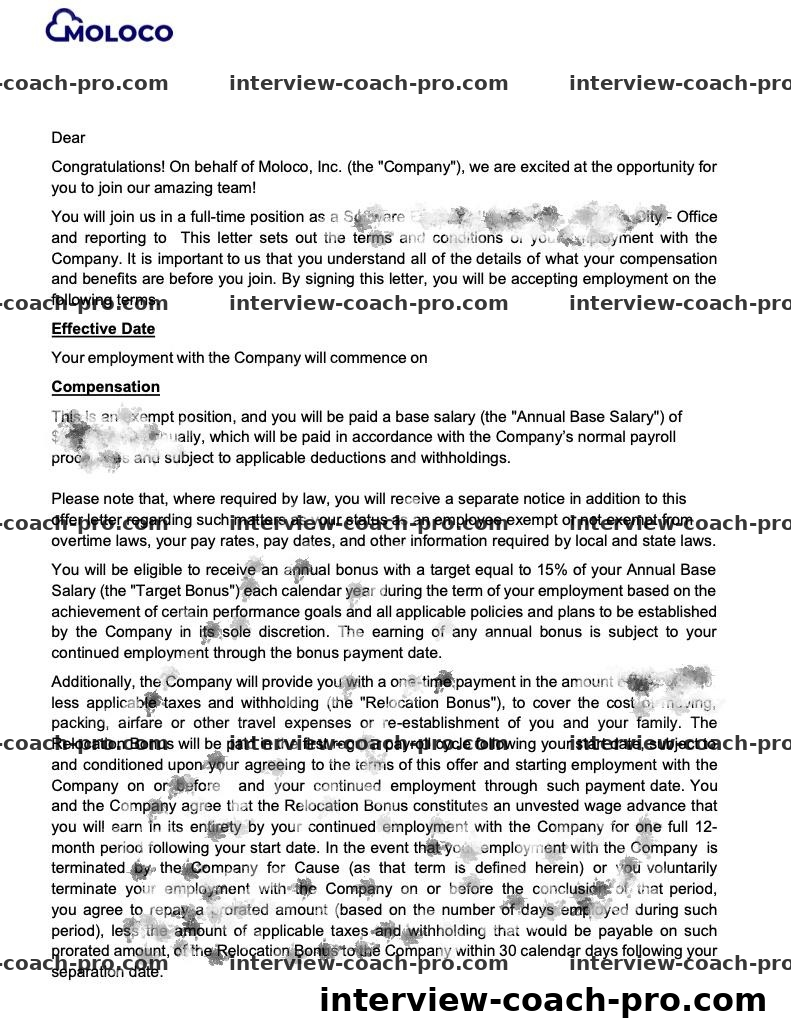 Moloco Software Engineer Offer — 真实学员 Offer 截图